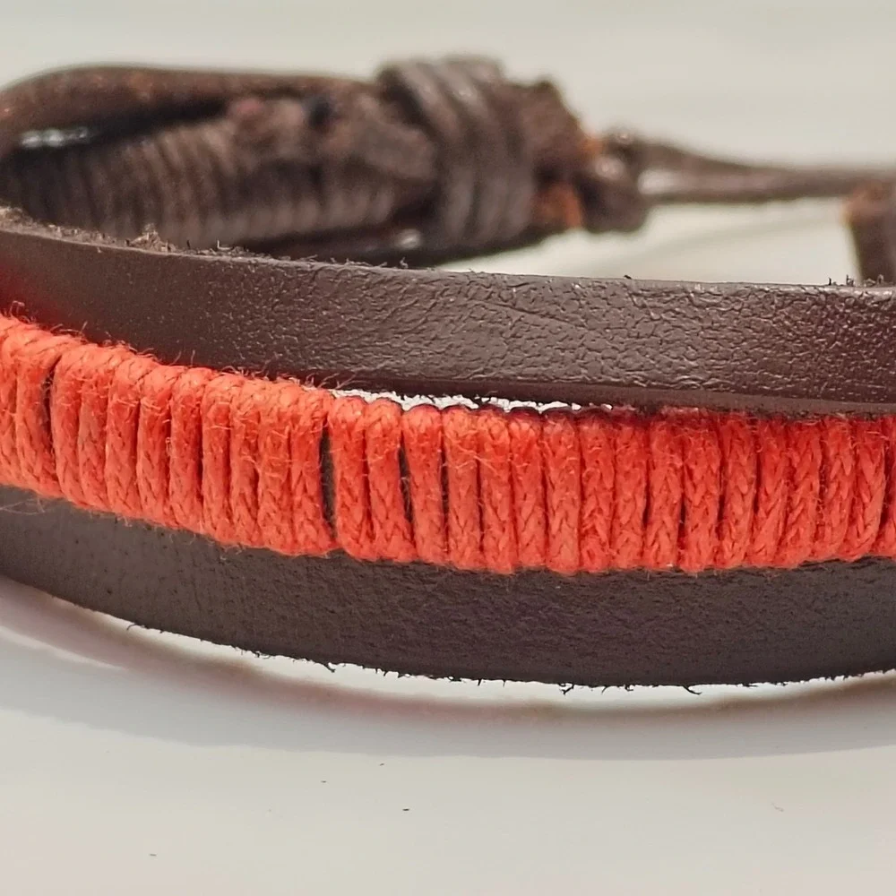 Mens Brown Faux‎ Leather Wrap Bracelet Red Orange Cord  Adjustable Sliding Knot